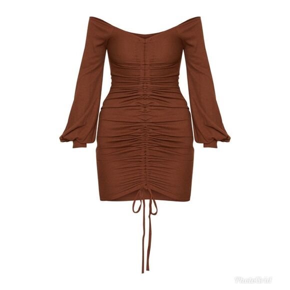 Prettylittlething Brown Ruched Off The Shoulder Drawstring Mini Dress - Picture 3 of 9